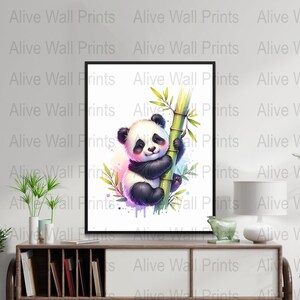 Cute Panda Illustration Printable Wall Art, Nursery Decor Panda Bear Print, Adorable Bamboo Panda Digital Download, Watercolor Animal Art