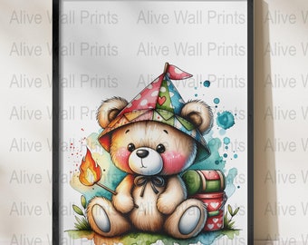 Teddy Bear Watercolor Print, Nursery Kids Room Decor (PDF)