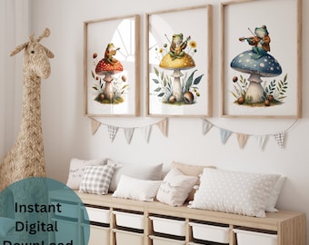 Conjunto de tres grabados infantiles, arte de pared de rana, rana caprichosa tocando el violín, arte de pared de hongos, ilustración de fantasía linda, decoración inspirada en la naturaleza