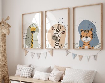 Safari kinderkamer muurprints, set van 3 prints, decor kinderkamer, boho kinderkamer prints, saliegroen kinderdagverblijf prints, beige kinderkamer, babyshower cadeau