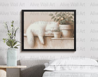May include: A framed painting depicting a white cat napping on a ledge, with potted plants behind it. The cat is white with a pink nose and paws. The plants are green with brown pots. The background is a light beige colour.
