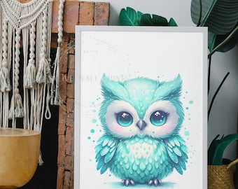 Stampa artistica da parete con gufo carino, arte glitterata luccicante, arredamento per nursery con gufo, poster adorabile gufo azzurro, decorazione da parete per camera dei bambini, decorazione per camera a tema animale