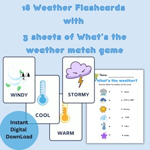 Flashcards meteorológicos educacionais para crianças-Aprendizagem Montessori, 18 flashcards e jogo de jogo, aprendizagem pré-escolar, cartões para impressão, download instantâneo