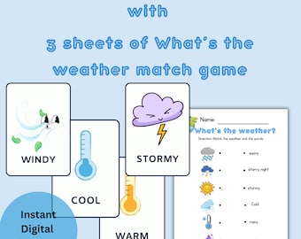 Educational Weather Flashcards for Kids-Montessori Learning, 18 flashcards & match game,Preschool learning, Printable Cards,Instant Download