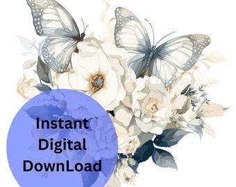 Watercolor Floral Butterfly Clipart, 2 High-Quality 300 DPI transparent PNGs, Commercial Use, Floral Butterflies, Instant Digital Download