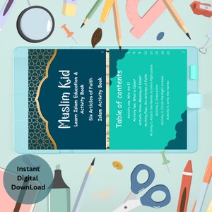 May include: A teal and gold illustrated book cover with the title "Muslim Kid: Learn Islam Education & Activity Book" and a table of contents listing activities related to the six articles of faith in Islam.