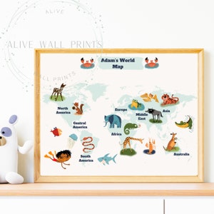 Gepersonaliseerde wereldkaart, kinderwereldkaart, aanpasbare print voor jongen, instant digitale download, dierenkaart, zeelevenkaart, inrichting kinderkamer, wereldkaart