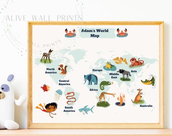 Spersonalizowana mapa świata, mapa świata dla dzieci, chłopięcy, możliwość personalizacji wydruku, natychmiastowe pobranie cyfrowe, mapa zwierząt, mapa życia morskiego, wystrój pokoju dziecięcego, mapa świata