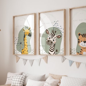 Set of 3 Prints, Safari Nursery Wall Prints, Nursery Decor, Boho Nursery Prints,Sage Green Nursery Prints, Printable Art,Animal Illustration