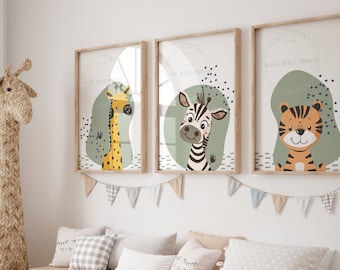 Set van 3 prints, safari kinderkamer muur prints, decor kinderkamer, boho kinderkamer prints, salie groen kinderkamer prints, afdrukbare kunst, dierenillustratie
