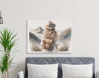 Boho kobieta wędrująca po górach, grafika ścienna z motywem natury (do pobrania w wersji cyfrowej)