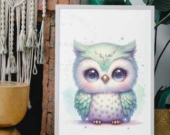 Decorazione da parete con gufo carino, arte da parete glitterata, stampa gufo ad acquerello, decorazione per nursery, arte per camera dei bambini, illustrazione adorabile del gufo, arte di animali del bosco