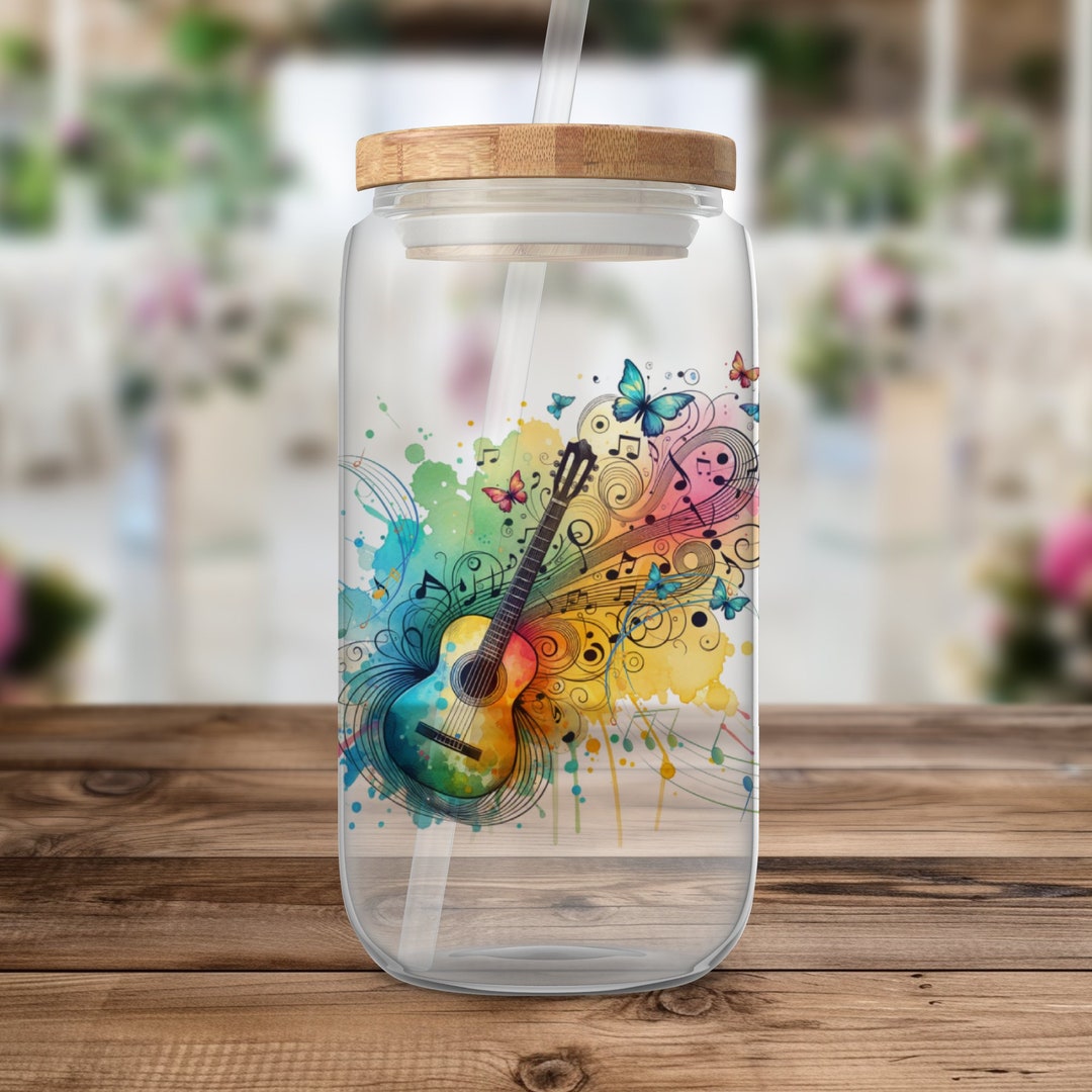 Vibrant Music Notes Guitar Art Glass Can Tumbler Wrap,musical ...