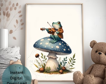 Arte de la pared de la rana, rana caprichosa tocando el violín arte de la pared, impresión del arte de las setas, ilustración animal linda, decoración inspirada en la naturaleza, vivero del bosque