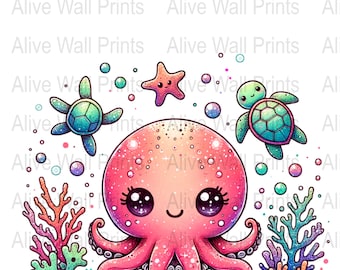 Cute Kawaii Octopus Wall Art Print for Kids Room, Under the Sea Nursery Decor, Ocean Animals Illustration Artwork, Baby Shower Gift