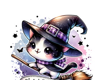 Cute Witch Cat Wall Art, Halloween Black Cat Print, Kawaii Witch Cat Poster, Magical Cat Illustration, Cat Lover Gift Decor,Nursery wall art