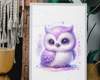 Decorazione da parete con gufo carino, illustrazione adorabile del gufo per nursery, stampa con gufo viola, decorazione artistica con animali per la camera dei bambini, poster con gufo stravagante