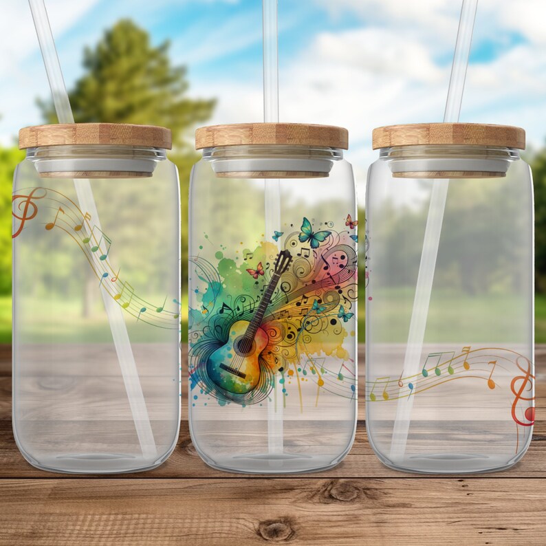 Vibrant Music Notes Guitar Art Glass Can Tumbler Wrap,musical ...