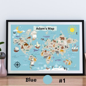 Mapa-múndi personalizado, download digital, mapa-múndi de aventura: um mapa divertido de animais para crianças!" Cartazes educacionais, impressão pré-escolar, arte de parede para crianças