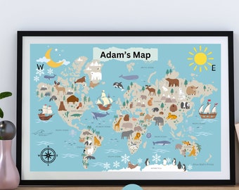 Spersonalizowana mapa świata, pobieranie cyfrowe, mapa Adventure World: zabawna mapa zwierząt dla dzieci!" Plakaty edukacyjne, wydruki dla przedszkolaków, sztuka ścienna dla dzieci