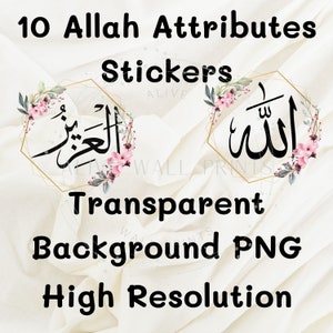 Pode incluir: Dez adesivos com moldura dourada com caligrafia árabe e detalhes florais. Os adesivos apresentam os nomes dos atributos de Alá, incluindo "Al-Aziz" e "Allah". Os adesivos têm um fundo transparente e são de alta resolução.