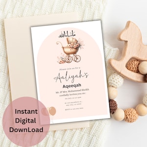 Personalizar, personalizar, descarga digital de invitación Aqeeqah, anuncio de nacimiento islámico, niño Aqiqah, niña Aqīqah, lindo cochecito vintage clipart