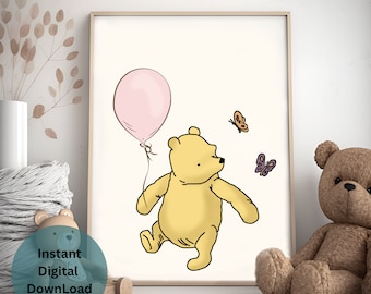 Winnie the Pooh Print, Blue Balloon Nursery Art - Etsy