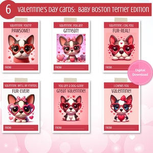 Tarjetas imprimibles del Día de San Valentín para perros, Tarjetas del Día de San Valentín en el aula para niños, Etiquetas de regalo del Día de San Valentín, Descarga instantánea, Cachorros de Boston Terrier