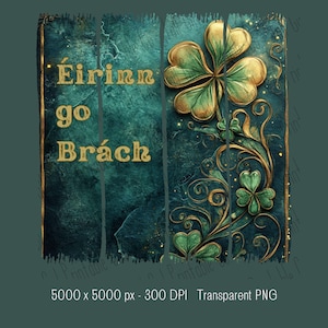 Puede incluir: Una ilustración digital de un trébol verde con detalles dorados sobre un fondo azul. El texto "Éirinn go Brách" está escrito en letras doradas.