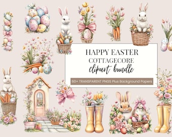 Easter Cottagecore Clipart Bundle, Pastel Bunny PNG, Floral Spring Eggs, Vintage Easter Sublimation, Digital Download, Cute Bunny Aesthetic