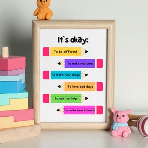 Afirmaciones positivas para niños, cartel motivacional, arte en el aula, está bien, impresión de pared de escuela en casa, decoración de sala de juegos para niños, descarga digital