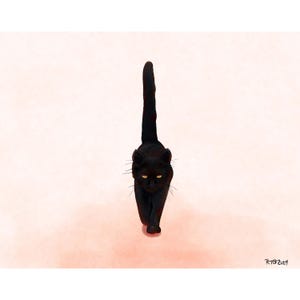 Impresión artística de Halloween de gato negro en movimiento Ilustración de gato espeluznante