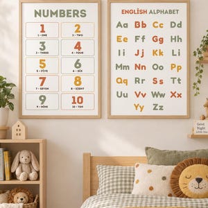 Puede incluir: Dos pósteres educativos de pared enmarcados que presentan una tabla de números y una tabla del alfabeto inglés. El póster de números muestra los dígitos del uno al diez con sus palabras correspondientes. El alfabeto lista de la A a la Z.