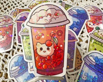 Boba Tea Sticker Set - Transparent Clear Sticker Pack - Cute Handmade Vinyl Holographic Sticker Bundle