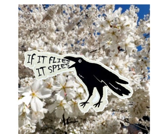 Crow sticker, funny sticker, if it flies it spies sticker, spy sticker, dark humor sticker, murder sticker, bird sticker