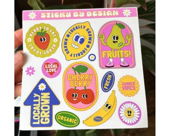 Fruit sticker sheet, colorful fun spring stickers, sticker set, sticker pack, cute food sticker, flower, strawberry, farmer's market