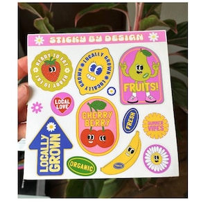 Fruit sticker sheet, colorful fun spring stickers, sticker set, sticker pack, cute food sticker, flower, strawberry, farmer&#39;s market
