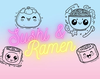Páginas para colorear Kawaii Sushi y Ramen - 25 PDF Descargas digitales