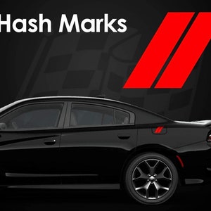 May include: A black Dodge Charger with red hash mark decals on the rear quarter panels. The car is shown from the side with the driver's side door open. The car is parked on a black surface with a checkered pattern in the background. The text "Hash Marks" is displayed in white at the top of the image.