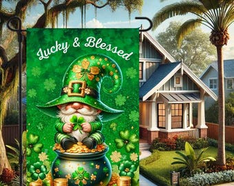 Happy St Patrick’s Day Gnome Garden Flag Digital Download Leprechaun Flag Irish Decor Clover Flag Gnome Lover Gifts St. Paddys Day Flag