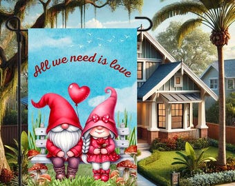 Valentine's Day Gnome Garden Flag Gnome Garden Flag V-Day Flag Valentine's Day Flag Gnome Flags Valentine's Yard Flags Welcome Flag