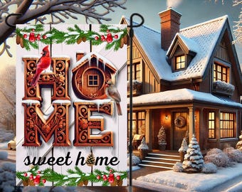 Winter Cardinal Home Sweet Home Flag Garden Flag Template for Sublimation Winter Garden Flag Winter Flag PNG Welcome Flag Housewarming Gifts