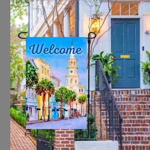 Charleston&#39;s St. Michaels Church on Broad Garden Flag 12 x 18 Charleston SC Charleston Art Charleston Prints Charleston SC Gifts