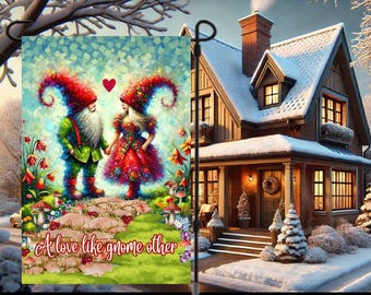 Valentine's Day Gnome Garden Flag V-Day Gnome Flag Template Valentine's Day Decorations Valentine's Gnome Art Printable Gnomes