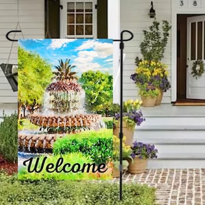 Charleston&#39;s Pineapple Fountain Garden Flag 12 x 18 Charleston SC Charleston Art Charleston Prints Charleston SC Gifts