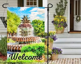 Charleston's Pineapple Fountain Garden Flag 12 x 18 Charleston SC Charleston Art Charleston Prints Charleston SC Gifts