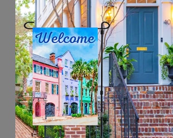 Charleston Rainbow Row Garden Flag 12 x 18 Charleston SC Charleston Art Charleston Prints Charleston SC Gifts Charleston New Home Gift