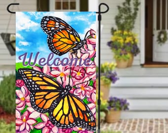 Welcome Butterfly and Azaleas Garden Flag 12x18 Monarch Butterfly Yard Flag Spring Outdoor Flag Spring Porch Decor Housewarming Gift