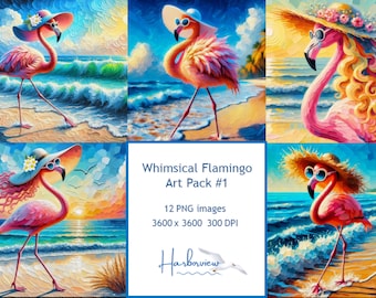 Flamingo PNG Clip Art Bundle Whimsical Tropical Beach illustrations for Wall Art Sublimation Summer Crafts and Gifts for Flamingo Lovers