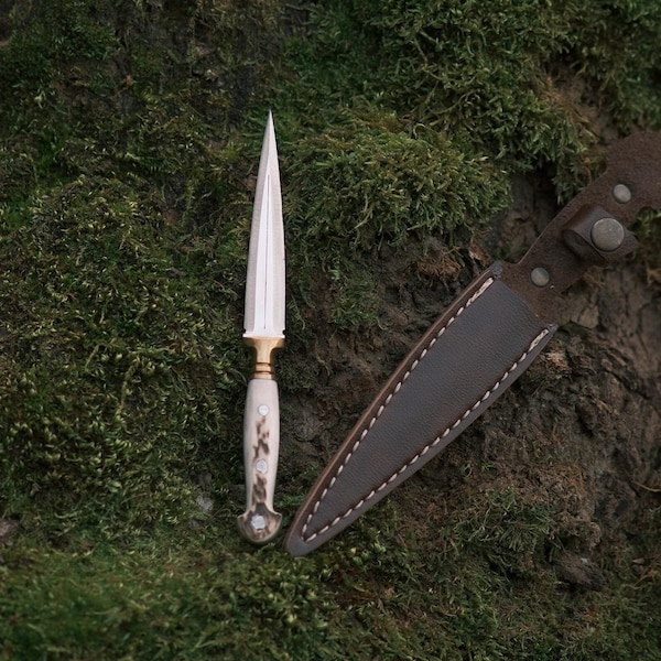 Double Edge Dagger Knife with Deer Antler, Custom Full Tang Blade, Unique Athame Knife with Leather Sheath, Perfect Gift for Collectors